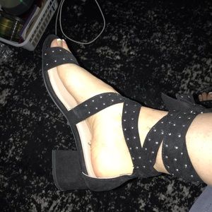 Black Studded Lace Up Mid Heels